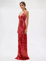 Robe longue à paillettes en rouge décolleté en V profond bretelles spaghetti robe longue de soirée formelle sexy pour femmes 2025
