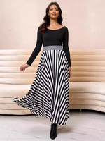 Robe longue à rayures élégantes à col bijou et manches longues pour femme 2025
