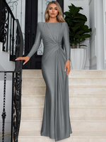 Robe longue à taille nouée manches longues plissée semi-formelle robe de soirée longue pour femme 2025