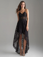 Robe Longue à Traîne en Dentelle Creusante Florales avec Bretelles à Col V Coupe Cintrée Bas Evasée Unicolore