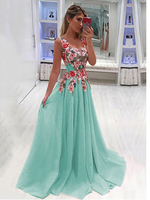 Robe Longue 2021 Floral Sans Manches Col U Applique Robe à Bretelle Mousseline de Soie Robe de Fête