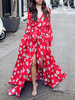 Robe longue 2021 Robe rouge Maxi Femme Floral en V à manches longues en mousseline de soie robe d\