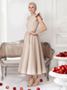 Robe longue abricot en polyester unicolore à volants col rond