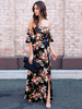 Robe Longue avec Les Epaules Nus Volants Femme Coupe Cintrée Imprimé avec Les Fleurs Fente Latérale Bas Evasée Robe Longue