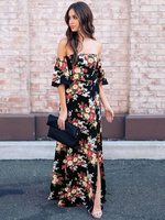 Robe Longue avec Les Epaules Nus Volants Femme Coupe Cintrée Imprimé avec Les Fleurs Fente Latérale Bas Evasée Robe Longue