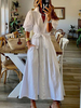 Robe Longue avec Manches Courtes Amples à Col Revers Coupe Cintrée à Lacets Bas Evasée Unicolore Robe Maxi Robe Eté
