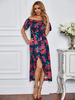 Robe Longue avec Manches Courts Volants avec Epaules Nus Femme Coupe Cintrée Imprimé Les Fleurs Fente Latérale Bicolores Robe Longue