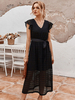 Robe Longue avec Manches Courts Volants Dentelles Femme Ceinturés avec Noeud Bas Evasés Unicolores Robe Longue
