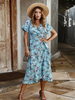 Robe Longue avec Manches Courts Volants Femme Coupe Cintrée Imprimé Les Fleurs Bas Evasés Bicolores Robe Longue