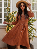 Robe Longue avec Manches Longues Femme Ceinturés à Lacets avec Noeud à Col Rond avec Boutons Bas Evasés Imprimé Les Pois Robe Longue