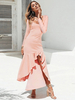 Robe Longue avec Manches Longues Femme Coupe Cintrée à Col Rond Unicolore Fente Latérale Bas Volants Robe Longue