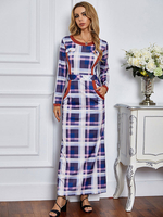 Robe Longue avec Manches Longues Femme Coupe Cintrée Imprimé Carreaux avec Poches à Col Rond Bicolores Robe Longue