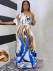 Robe longue blanche à une épaule manches courtes en polyester tie-dye en couches robe sexy longueur au sol plissée