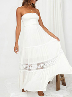 Robe longue blanche sans bretelles en dentelle avec empiècement en mousseline de soie Robe longue
