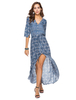 Robe longue bleu en polyester impression fendu col V