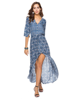 Robe longue bleu en polyester impression fendu col V