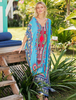 Robe longue bleu en polyester impression surdimensionné fendu col V