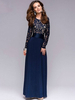 Robe Longue Bleu Foncé en Dentelle Unicolore Col Rond Manche Longue Robe Chic