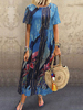 Robe longue bleue à manches courtes à imprimé floral pour femme