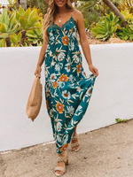Robe Longue Bohème Imprimé Fleurie avec Bretelles à Col V Bicolores Robe Sexy