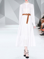 Robe Longue Chemisier Femme à Col Rond avec Manches Longues Coupe Cintrée Bas Evasée Unicolore