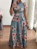 Robe longue col montant manches courtes en polyester imprimé fleuri vert clair