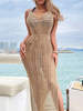 Robe Longue Crochets Femme Creusante avec Bretelle à Col V Coupe Cintrée à Lacets avec Fente avec Dos Nu Unicolore Robe Longue Sexy