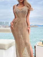 Robe Longue Crochets Femme Creusante avec Bretelle à Col V Coupe Cintrée à Lacets avec Fente avec Dos Nu Unicolore Robe Longue Sexy