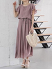 Robe longue dété en lin à manches courtes et à col bijou rose