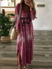Robe Longue Décontracté Imprimé Mots à Col Rond avec Manches Longues avec Fente Bicolores Robe T-shirt Robe Maxi Robe de Plage