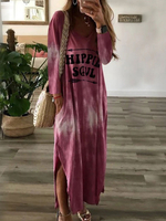 Robe Longue Décontracté Imprimé Mots à Col Rond avec Manches Longues avec Fente Bicolores Robe T-shirt Robe Maxi Robe de Plage