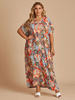 Robe longue de grande taille à col en V et manches courtes à imprimé floral avec poches en polyester