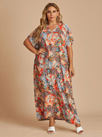 Robe longue de grande taille à col en V et manches courtes à imprimé floral avec poches en polyester