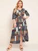 Robe longue de grande taille pour les femmes orange col en V demi manches motif à carreaux polyester robe longue dété