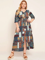 Robe longue de grande taille pour les femmes orange col en V demi manches motif à carreaux polyester robe longue dété