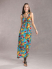 Robe longue en chiffon bleu avec rayure plissé