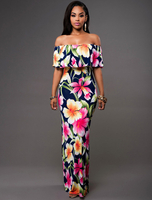 Robe longue en coton mélangé imprimé fleuri convenable à volants hors de l