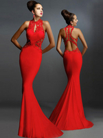 Robe longue en coton mélangé unicolore à dos décolleté avec dentelle col rond