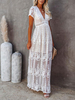 Robe Longue en Dentelle Creusante à Col V avec Manches Courtes Coupe Cintrée Bas Evasée Unicolore