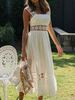 Robe Longue en Dentelle Creusante Femme Eté avec Bretelles à Col Carré Coupe Cintrée Bas Evasée Unicolore Robe Blanche
