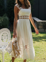 Robe Longue en Dentelle Creusante Femme Eté avec Bretelles à Col Carré Coupe Cintrée Bas Evasée Unicolore Robe Blanche