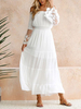 Robe Longue en Dentelle Creusante Fleurie avec Manches Longues Volantes avec Epaule Dénudée Coupe Cintrée Bas Evasée Unicolore Robe de Plage Robe Maxi