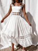 Robe Longue en Dentelle Creusantes Femme avec Bretelles à Col Carré Coupe Cintrée Bas Evasée Unicolore Robe Eté Sexy