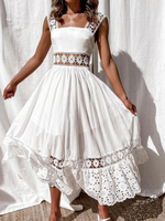 Robe Longue en Dentelle Creusantes Femme avec Bretelles à Col Carré Coupe Cintrée Bas Evasée Unicolore Robe Eté Sexy