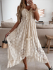 Robe Longue en Dentelle Femme Creusant avec Bretelles à Col Décolleté en V Coupe Cintrée à Lacets Bas Evasée Unicolore Robe de Plage Robe Eté Robe Maxi
