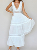 Robe Longue en Dentelles Creusante Femme à Col Décolleté en V avec Bretelles Coupe Cintrée Bas Evasée Unicolore Robe Eté Sexy