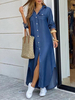 Robe longue en jean bleu à manches longues et col rabattu pour femme