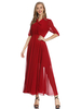 Robe Longue en Mousseline à Col Revers avec Manches Mi-longues Coupe Cintrée Bas Evasée Unicolore Robe Eté