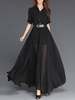 Robe Longue en Mousseline Femme à Col Revers avec Manches Courtes Coupe Cintrée avec Ceinture avec Fente Bas Evasée Unicolore Robe de Plage