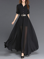 Robe Longue en Mousseline Femme à Col Revers avec Manches Courtes Coupe Cintrée avec Ceinture avec Fente Bas Evasée Unicolore Robe de Plage